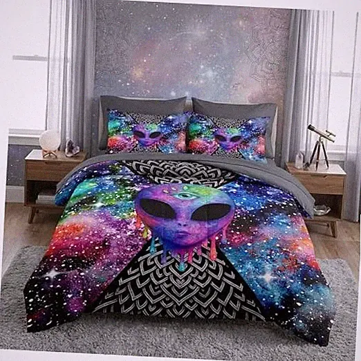 7 Pcs Comforter Set Size, Trippy Tie Dye Alien Queen Psychedelic Alien