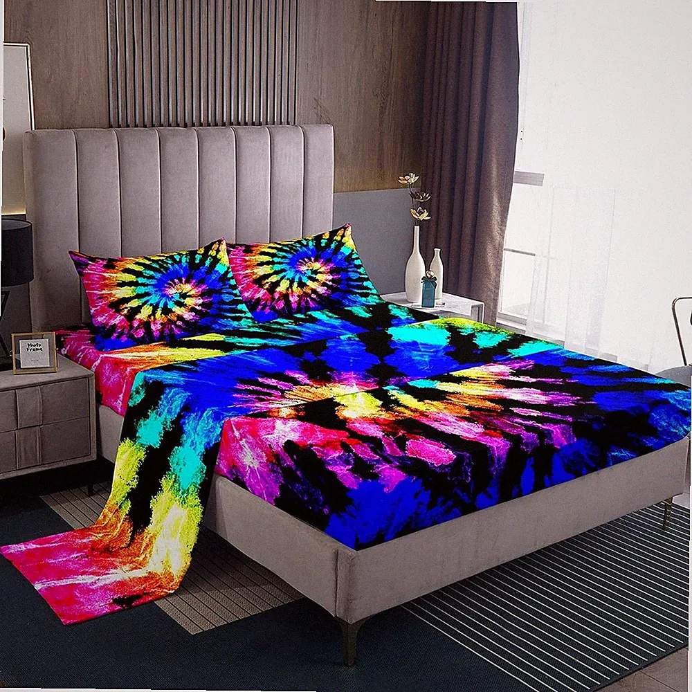 Boho Tie Dye Bed Sheet Set 4PC Full Bedding, Colorful Psychedelic Sheets & Pillo