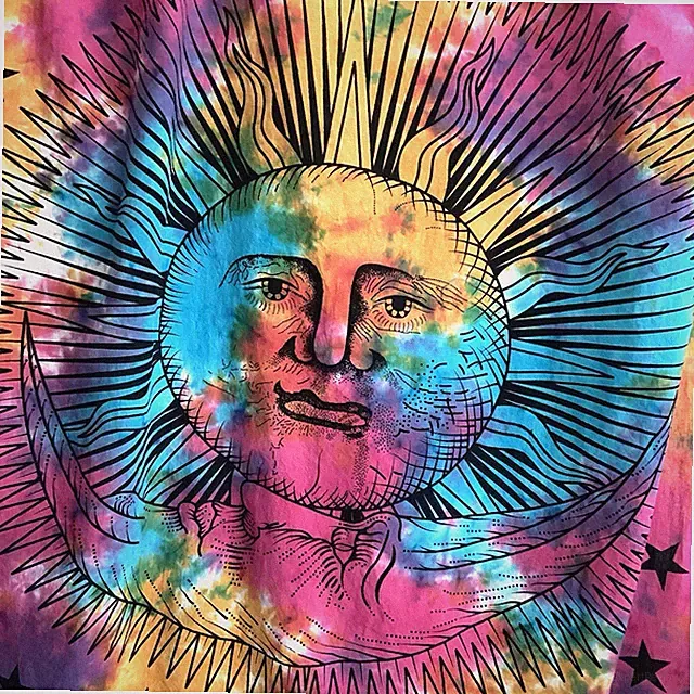 Celestial Tapestry Multi Sun and Moon Star Tie Dye Psychedelic Bedspread 81x55"