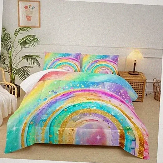 Cute Rainbow Comforter Set for Girls，Pastel Tie Dye Rainbow Bedding Queen W4