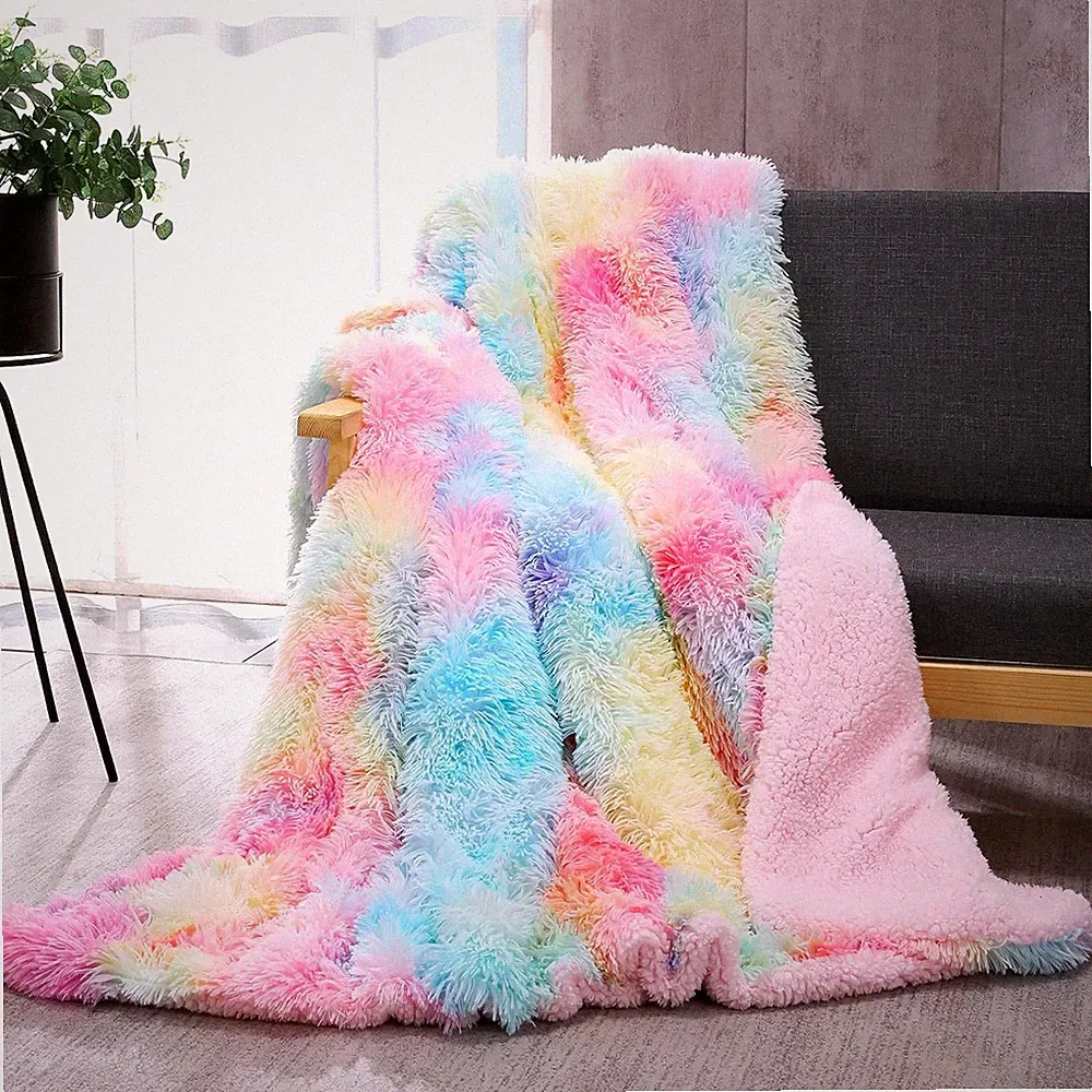 DANGTOP Fuzzy Faux Fur Throw Blanket, Tie Dye Fluffy Blanket, Super Soft Rainbow