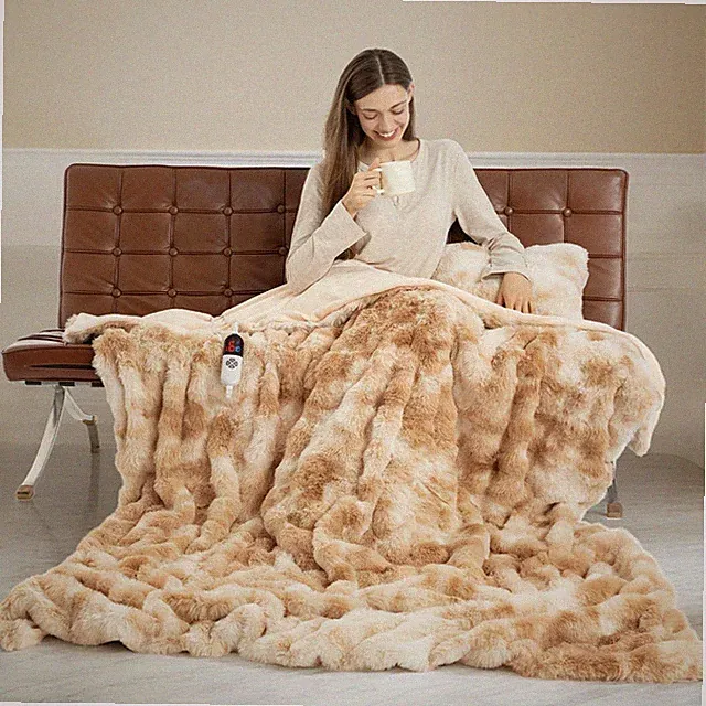 Faux Fur Heated Throw Blanket for Couch - Throw-50"X60", 1-beige Tie Dye