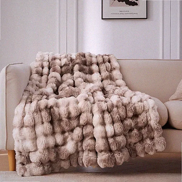 Faux Fur Throw Blanket for Couch, Cozy Soft and Fuzzy Plush Rabbit Fur Bubble Bl