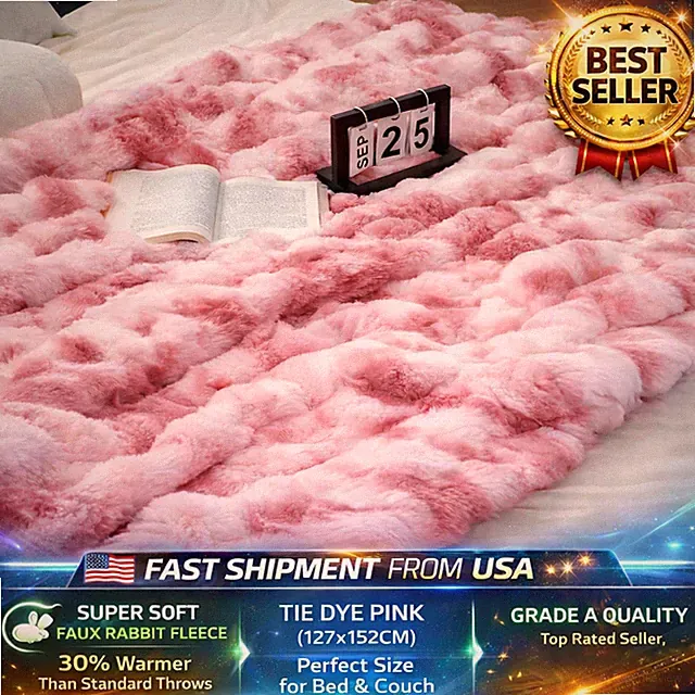 Faux Rabbit Fleece Throw Blanket Tie Dye Pink Plush Machine Washable