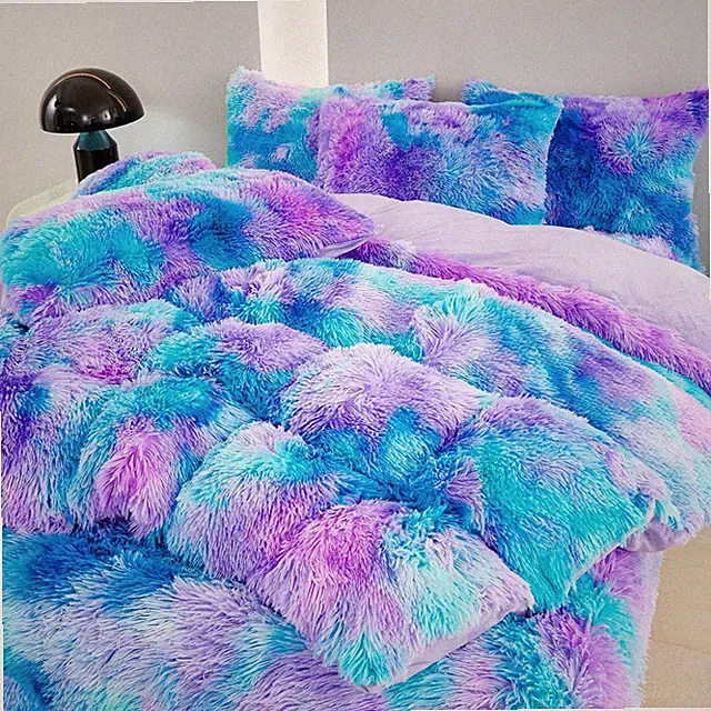 Fluffy Faux Fur Duvet Cover Set for Teens, Blue Purple Tie Dye, Full Size