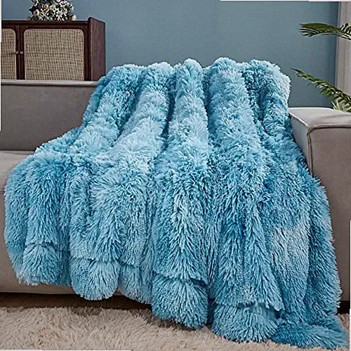 Fuzzy Faux Fur Throw Blanket Twin Size Super Twin(60"x80") Tie-dye Ocean Blue