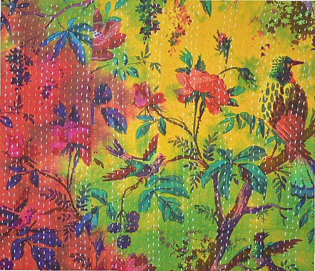 Indian Art Kantha Twin Quilt Handmade Tie-Dye Reversible Blanket Throw