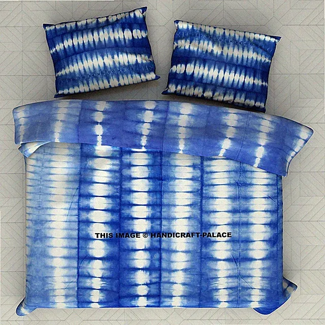 Indian Exclusive Blue Tie Dye Design Bedspread, Cotton King Size Bed Sheets Set