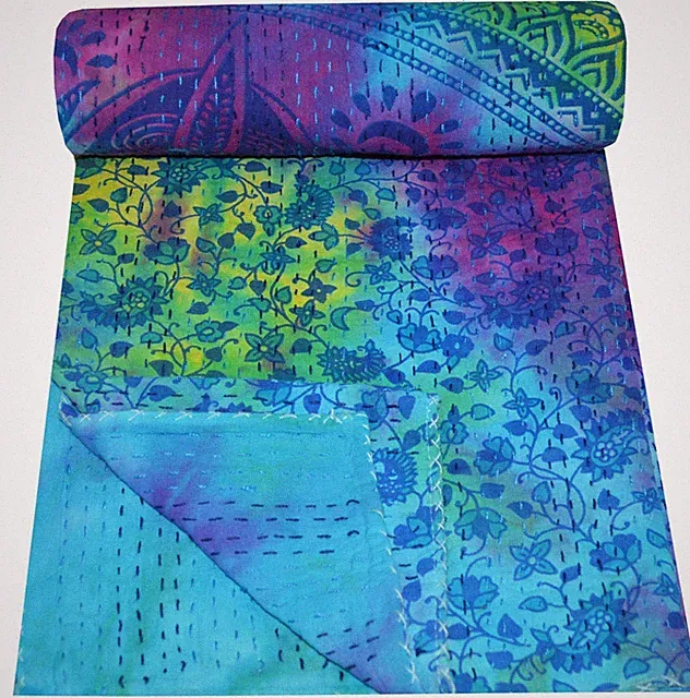 Indian Floral Twin Cotton Kantha Quilt Throw Tie Dye Print Blanket Bedspread