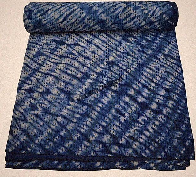 Indian Handmade Queen Cotton Kantha Quilt Throw Blue Tie Dye Kantha Throw Gudari
