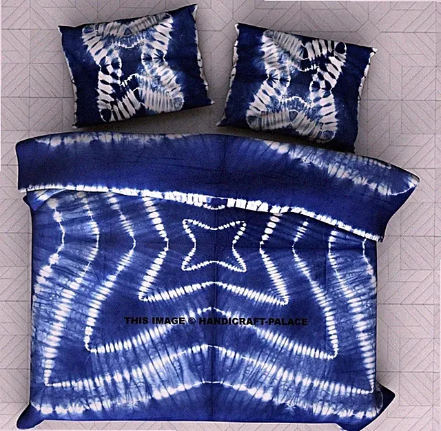 Indian Tie Dye Shibori Bedspread Cotton Indigo Bedding With Two Pillow Covers