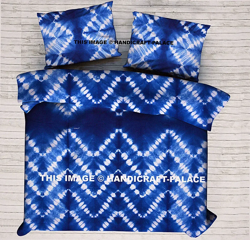 Indigo Tie Dye Bedding Queen Shibori Hand Dyed Cotton Bedspread with 2 Pillows