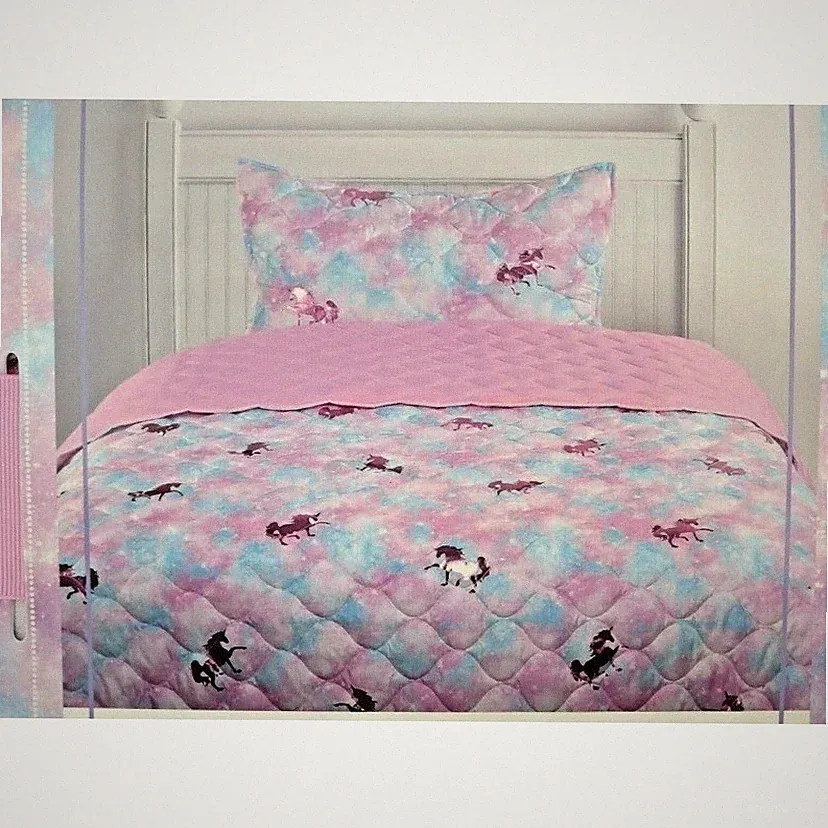 Kids Rule Unicorn 2 Piece Twin Quilt Set Pink Blue Tie Dye Galaxy Metallic