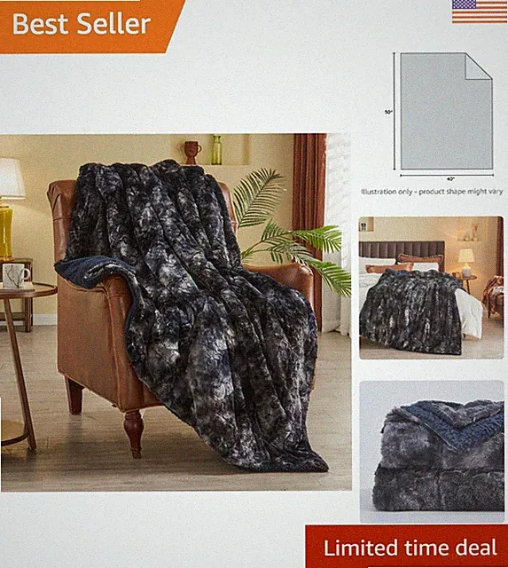 Luxurious 40x50'' Tie-Dye Black Faux Fur & Sherpa Throw Blanket - Reversible
