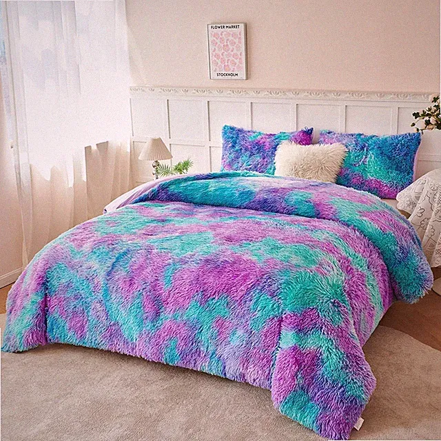 Luxury Purple Teal Fuzzy Bedding Set Full Size 3 Pieces for Kids & Teens