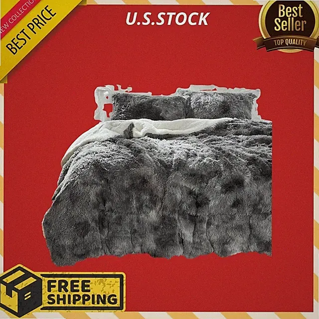 NEW Full/Queen Faux Fur Shaggy Comforter Set 3Pc Ultra Soft Sherpa Black Tie Dye