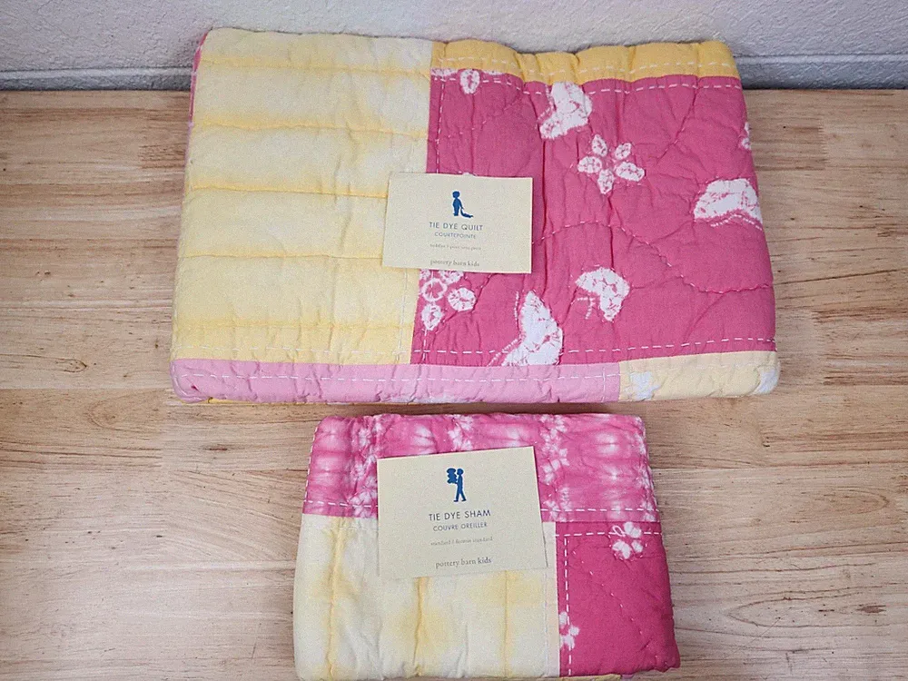 Pottery Barn Kids Tie Dye Toddler Quilt 50x36 W/ 1 Sham Pink Patchwork NOS