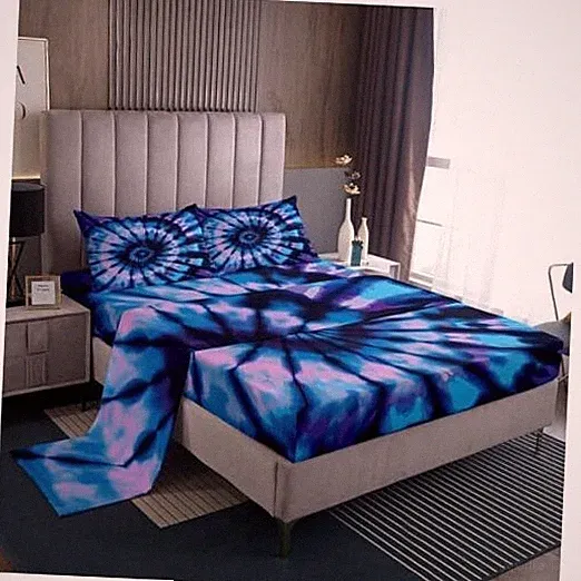 Purple Tie Dye Fitted Sheet, Blue Spiral Tie Dye Sheet Set, Queen Multi 05