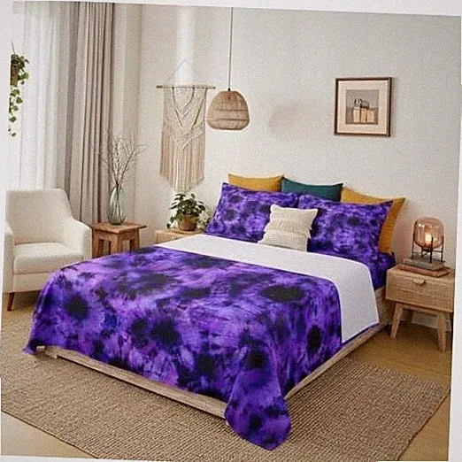 Purple Tie Dye Fitted Sheet Set with 2 QUEEN (W60*L80*H16") Multi 15