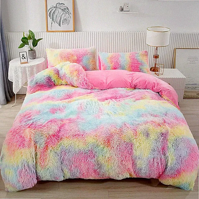 Rainbow Plush Shaggy Bedding Set Queen Size with Pillowcases - Colorful Tie Dye
