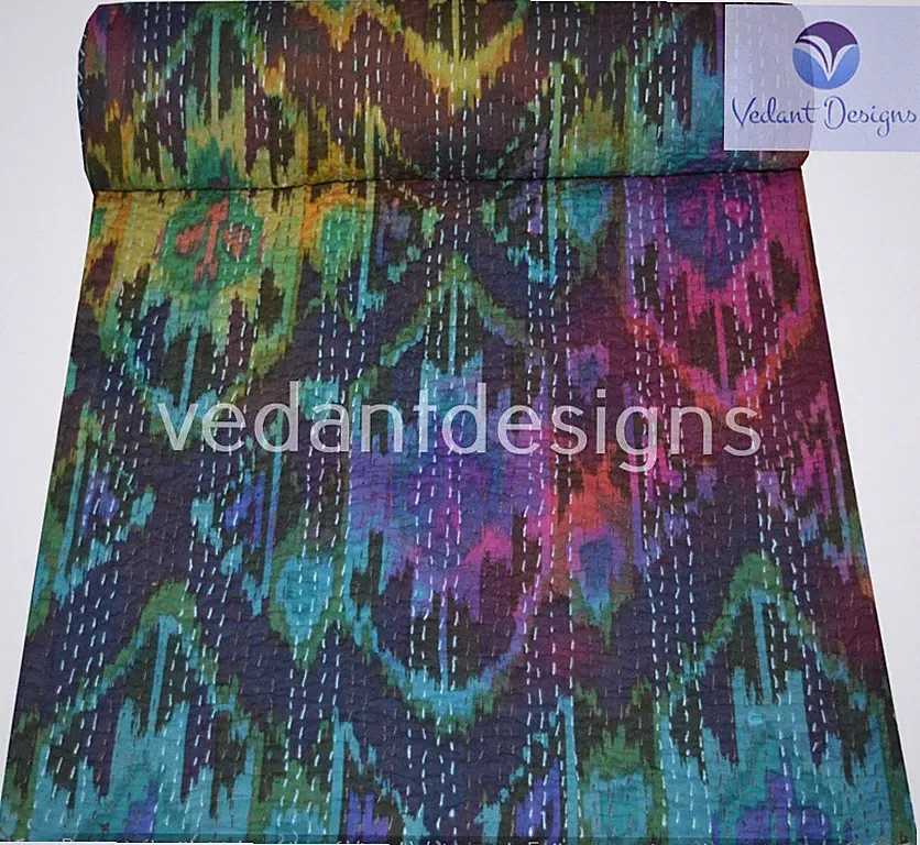 Reversible Tie dye Kantha Quilt Multicolor Queen Blanket Bohemian Bed Runner