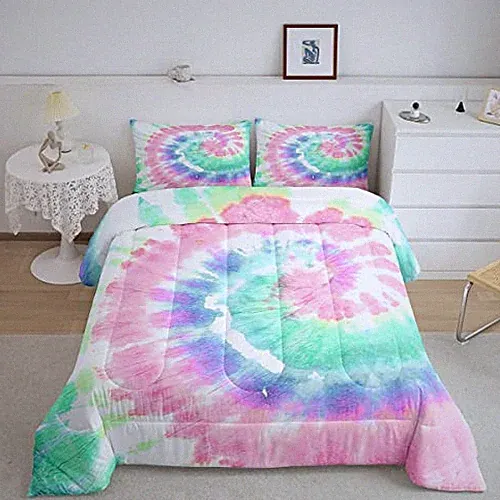 Tie Dye Comforter Set, Girls Boho Psychedelic Pink Down Comforter Twin Multi 15