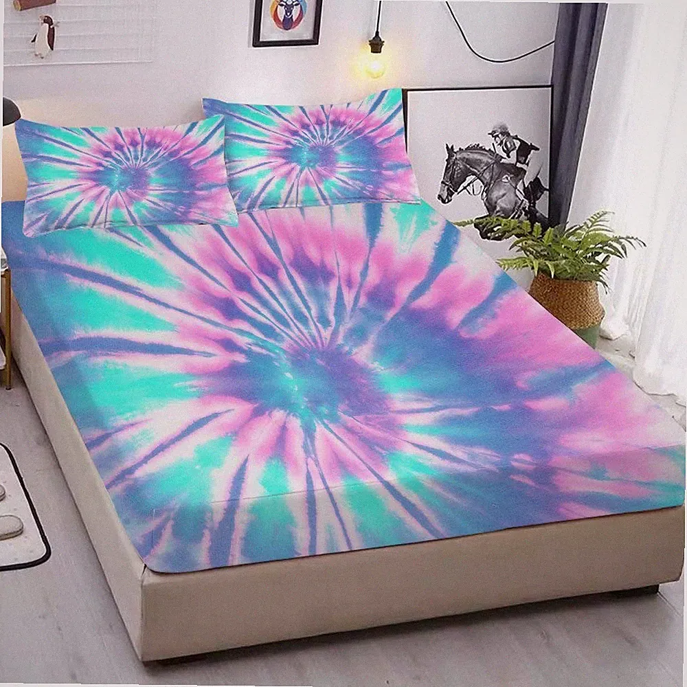 Tie Dye Fitted Set Girls Pink Blue Bedding Set 2PCS Boho Bed Set Deep Pocket...
