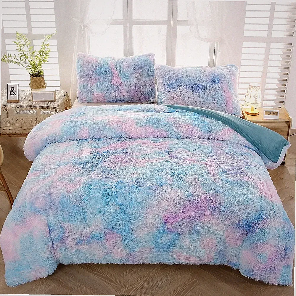 Tie Dye Plush Shaggy Duvet Cover Set Full Size Rainbow Faux Fur Bedding Set f...