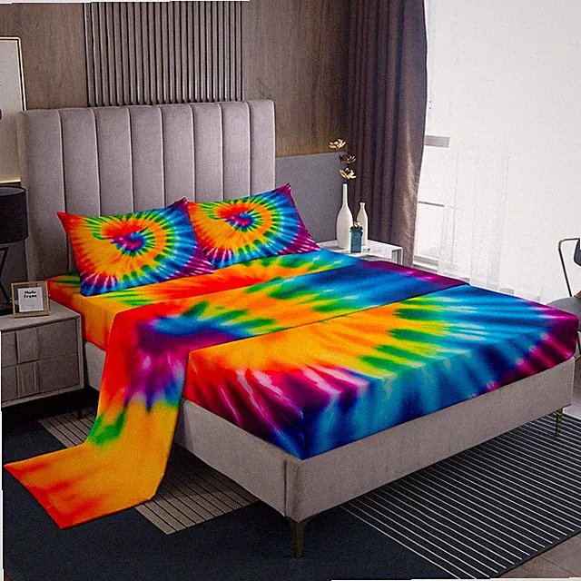 Tie Dye Set Queen Size Girls Boho Trippy Swirl Bed Sheets Set Ultra Soft Brig...