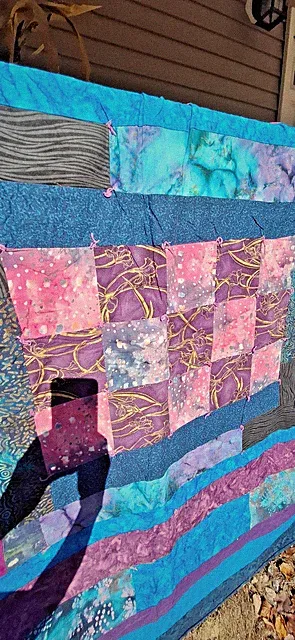VTG ? Patch Quilt Blanket Colorful Tie Dye, purples and blues 74"x82"